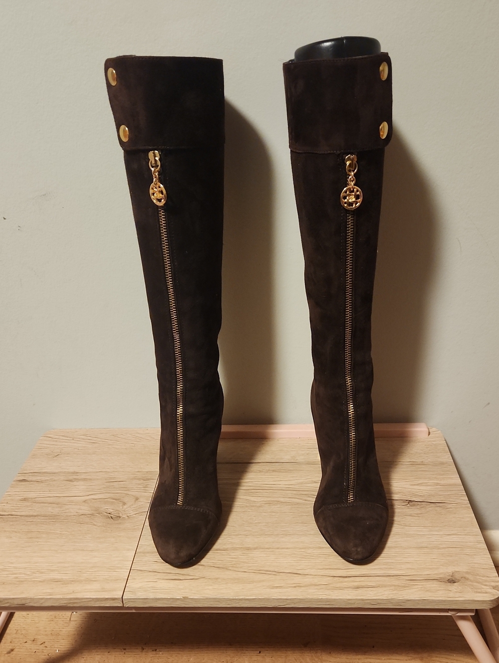 Women's Dark Brown Suede Knee-High Boots with Gold Accents Size 8